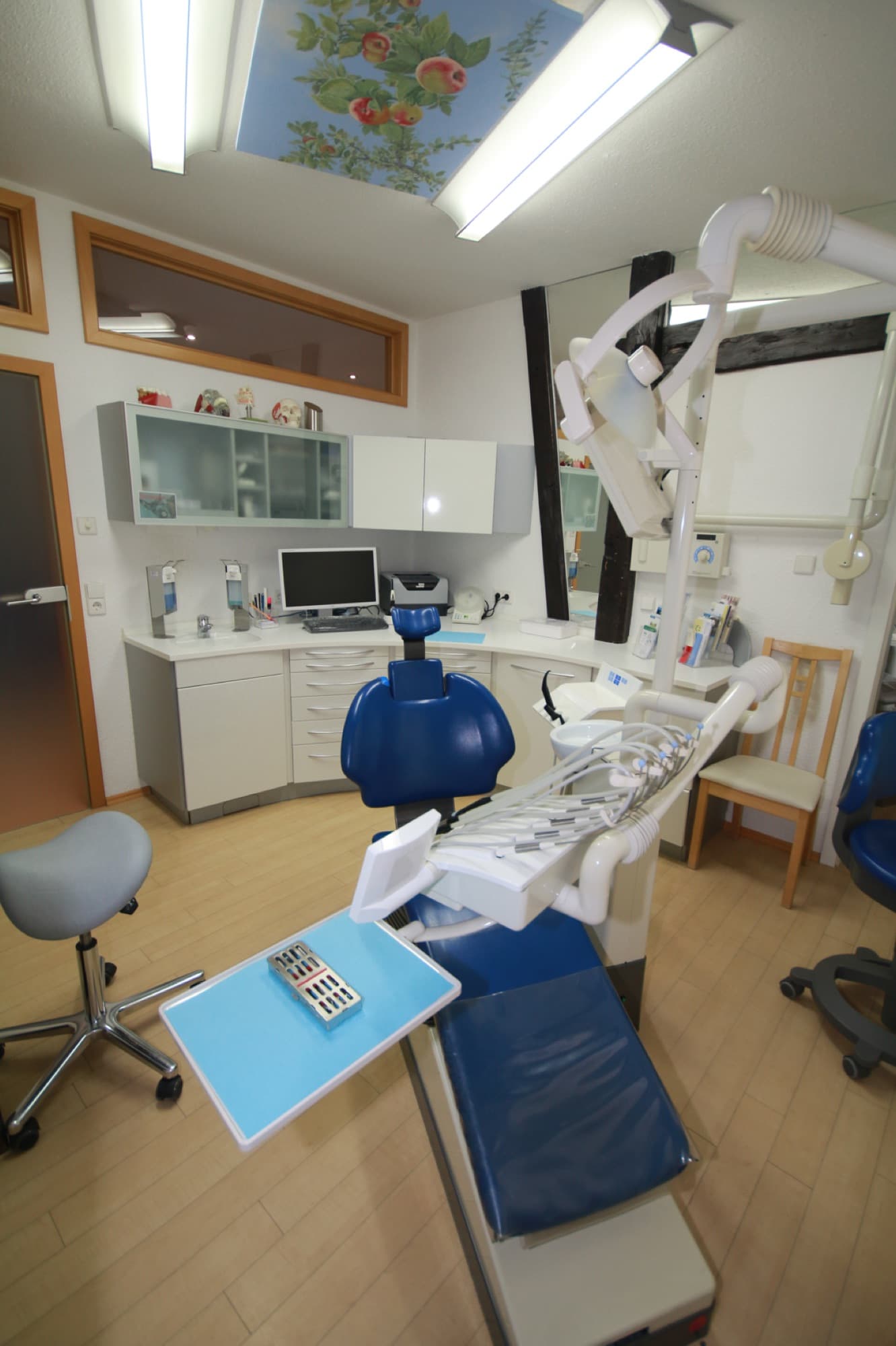 Behandlungszimmer mit Blick zur Apfelbaum-Decke